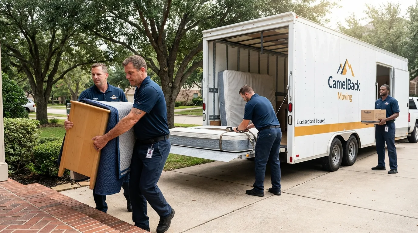 Crew loading residential truck for cross-state move from Riverdale, CA