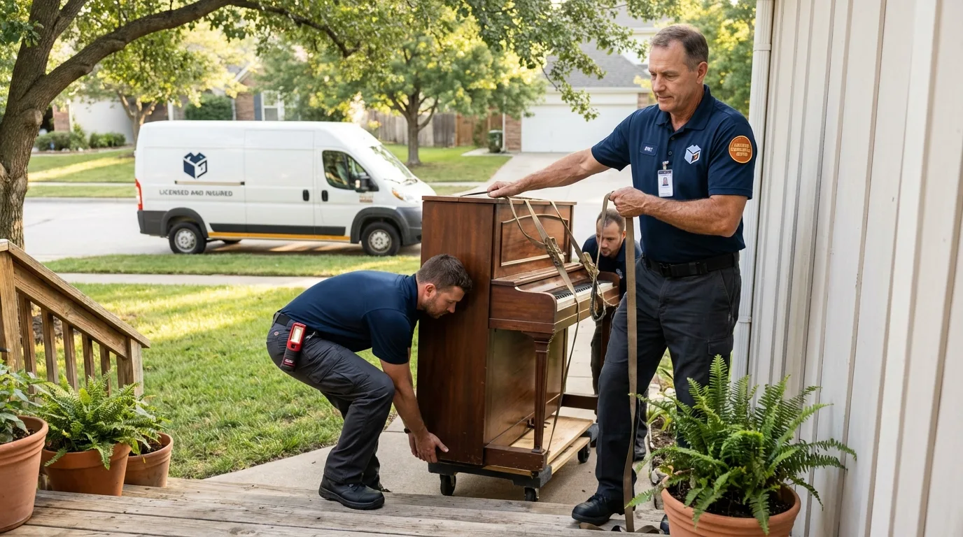 Licensed piano movers securing grand piano in Riverdale, CA