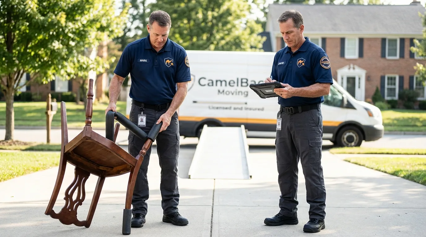 Movers inspecting furniture for damage prevention before loading in Riverdale, CA