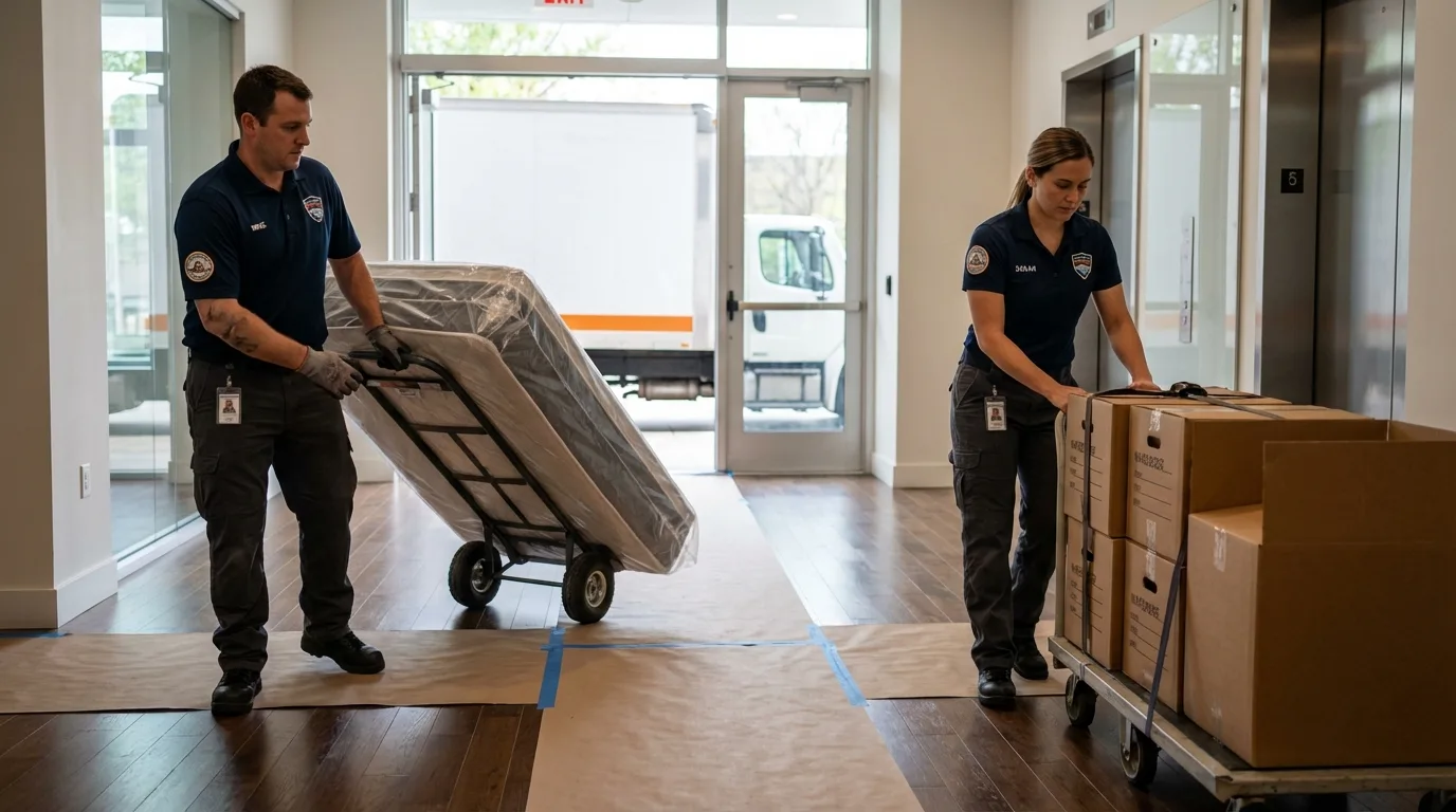 Professional apartment movers loading elevator in Riverdale, CA